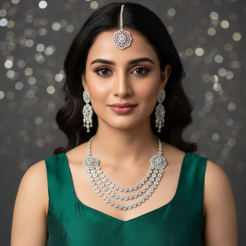 Regal Three-Tier Pavé Diamond Look Bridal Set – Rs. 7,250