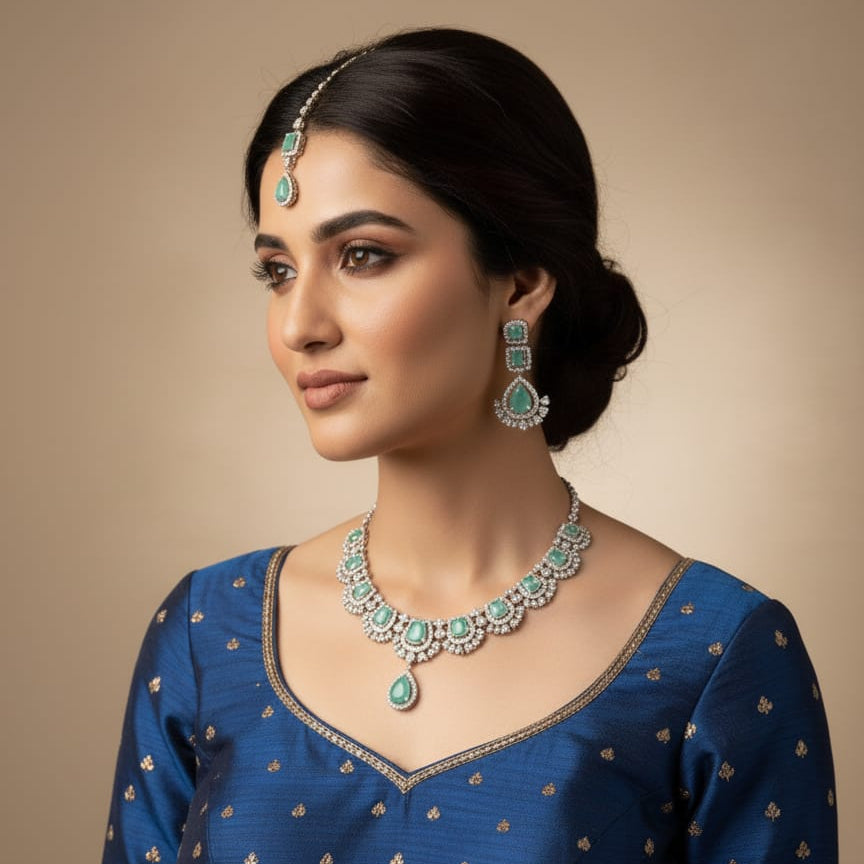 Woman wearing turquoise jewelry set on a beige background