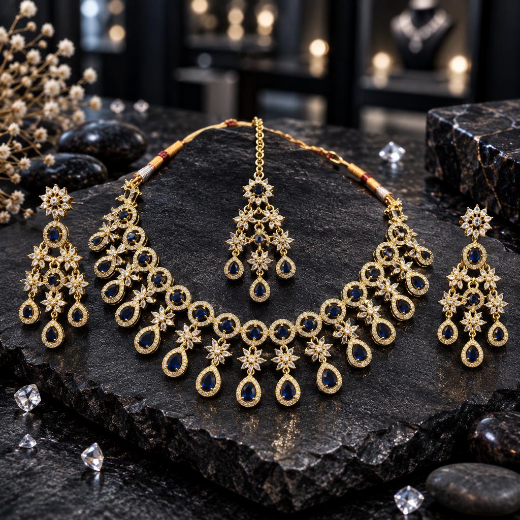 Gold-tone AD necklace with dark blue round halos, clear floral clusters and blue teardrop drops, displayed with matching chandelier earrings and a three-drop maang tikka on dark slate.