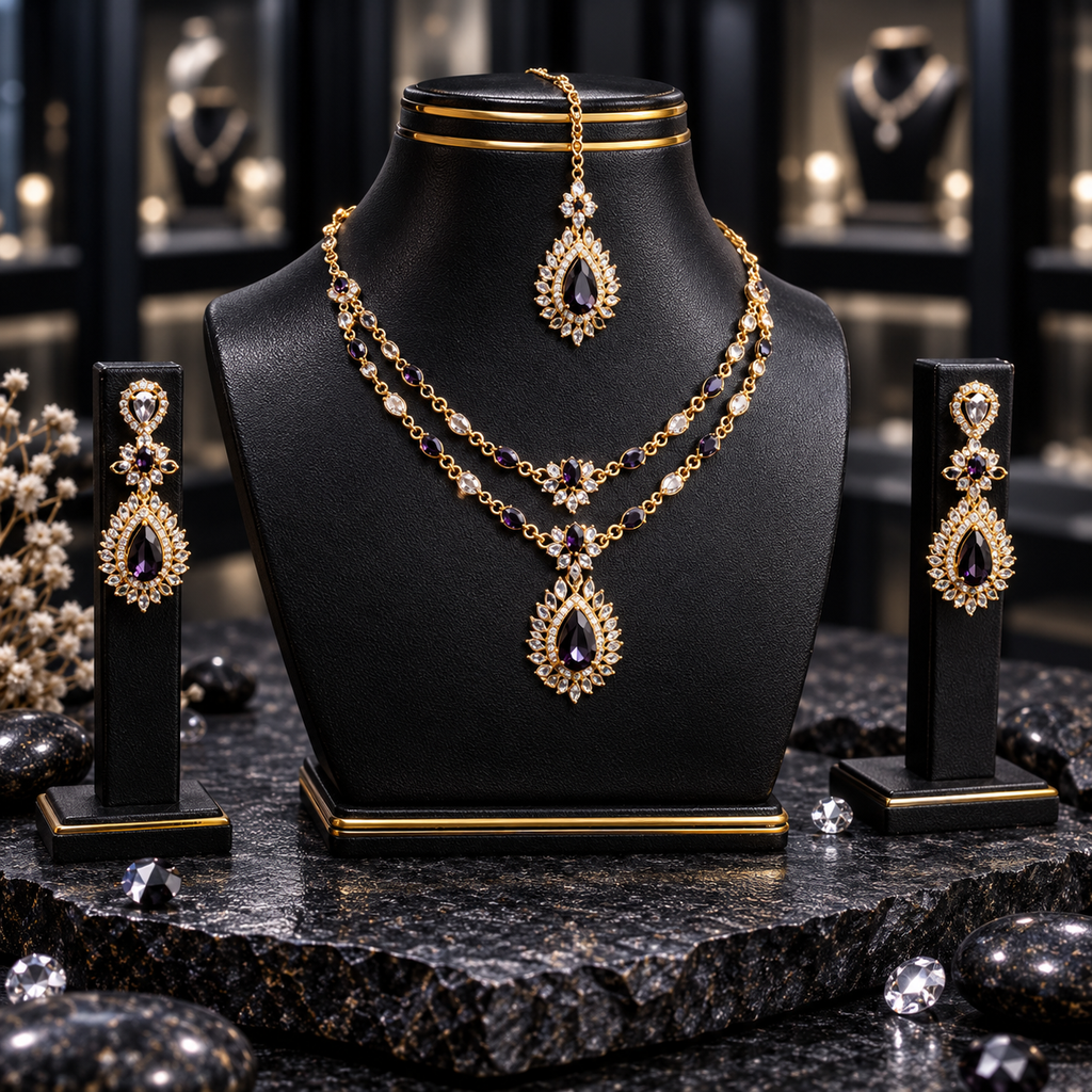 Gold-tone AD double-layer necklace with purple and clear oval accents, floral centres and a purple teardrop pendant, displayed with matching earrings and maang tikka on a black bust.