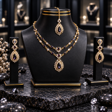 Gold-tone AD double-layer necklace with purple and clear oval accents, floral centres and a purple teardrop pendant, displayed with matching earrings and maang tikka on a black bust.