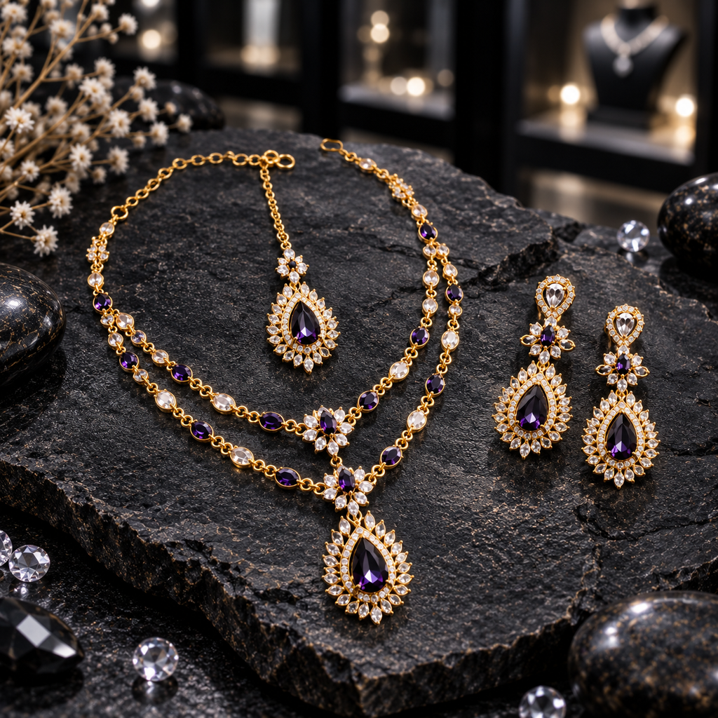 Gold-tone AD purple double-layer necklace with clear floral details and a leaf-bordered teardrop pendant, displayed with matching drop earrings and maang tikka on dark slate.