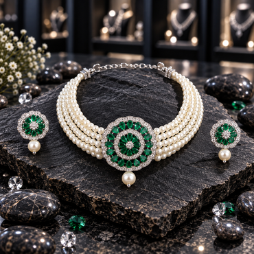 Cream pearl-look multi-strand choker with a round green-accent medallion, clear concentric borders, a floral centre and pearl-look drop, displayed with matching round green drop earrings on dark slate.