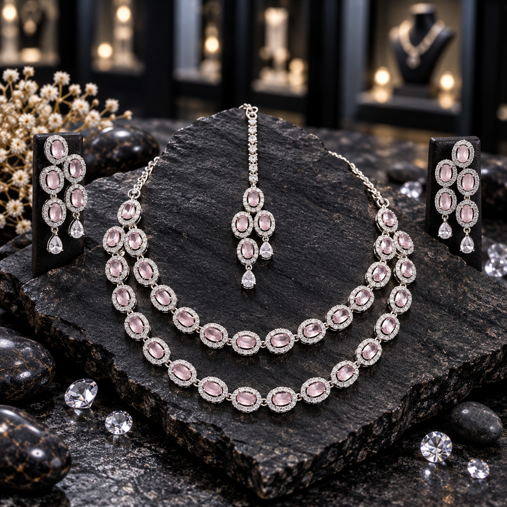 Silver-tone AD double-layer necklace with light pink oval halo accents, displayed with matching clear-teardrop earrings and maang tikka on dark slate.
