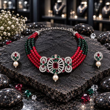 Red and dark green multi-strand beaded choker with a silver-tone radiating clear-accent panel, dark red rectangular centre, oval side motifs and one pearl-look drop, displayed with matching earrings on dark slate.