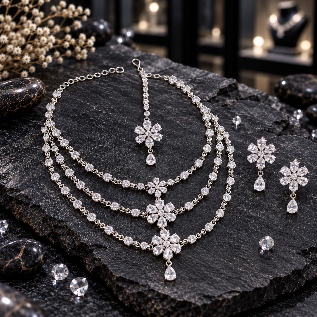 Silver-tone AD three-layer necklace with clear round linked accents, floral centres and a bottom teardrop, displayed with matching flower-drop earrings and maang tikka on dark slate.