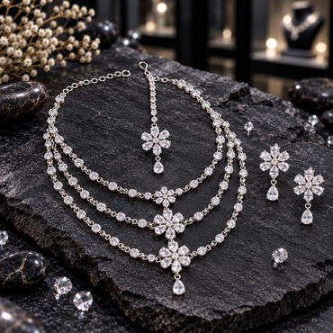 Silver-tone AD three-layer necklace with clear round linked accents, floral centres and a bottom teardrop, displayed with matching flower-drop earrings and maang tikka on dark slate.