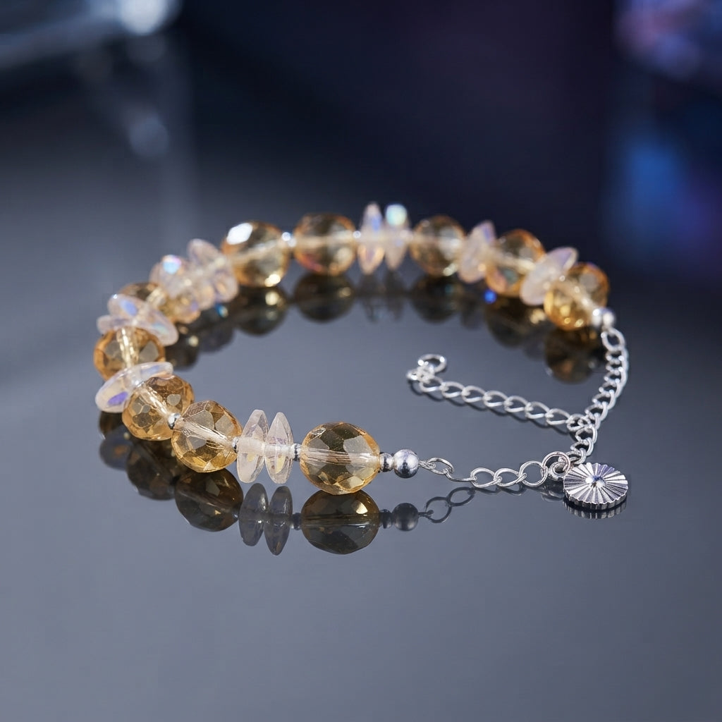 Bracelet with translucent golden-amber-looking round beads, pale iridescent chip-shaped beads, a silver-tone extender chain, and sunburst charm.