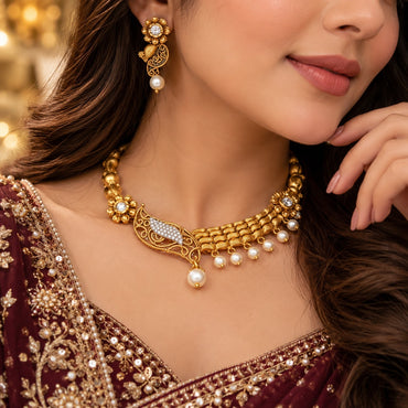 Antique Gold Filigree Peacock CZ Pearl Choker Necklace Earrings Set