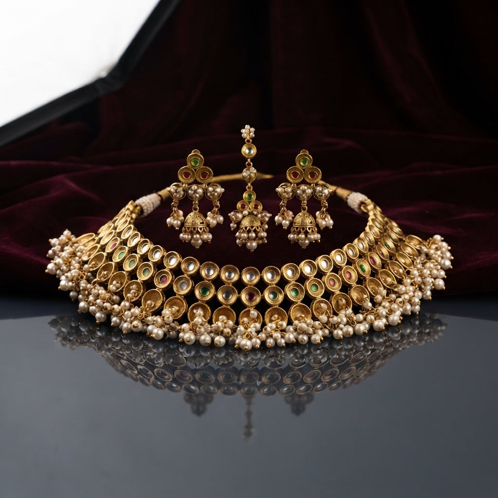 Antique Gold Kundan Polki Pearl Bridal Choker Jhumka Earrings Tikka Set on dark grey mirror surface with burgundy velvet backdrop showing wide 3-row antique gold kundan polki choker with multicolor CZ cups and dense faux pearl drop fringe alongside triple kundan jhumka earrings with mini gold bells and pearl fringe and matching maang tikka with mirror reflections below
