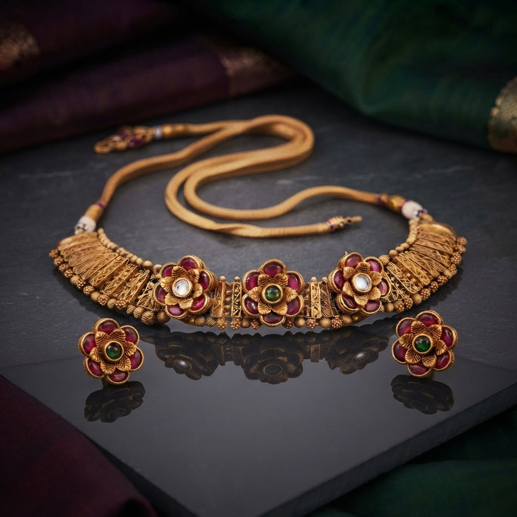 Antique Gold Ruby Kundan Lotus Filigree Choker Necklace Earrings Set on dark grey mirror surface with purple and green silk fabric backdrop showing wide bib choker with vertical filigree granulation spike panels and three open-petal lotus rose flowers with ruby red pear kundan CZ petals and polki white CZ centres alongside matching compact lotus flower stud earrings with ruby red pear kundan CZ petals and emerald green CZ centres with mirror reflections below