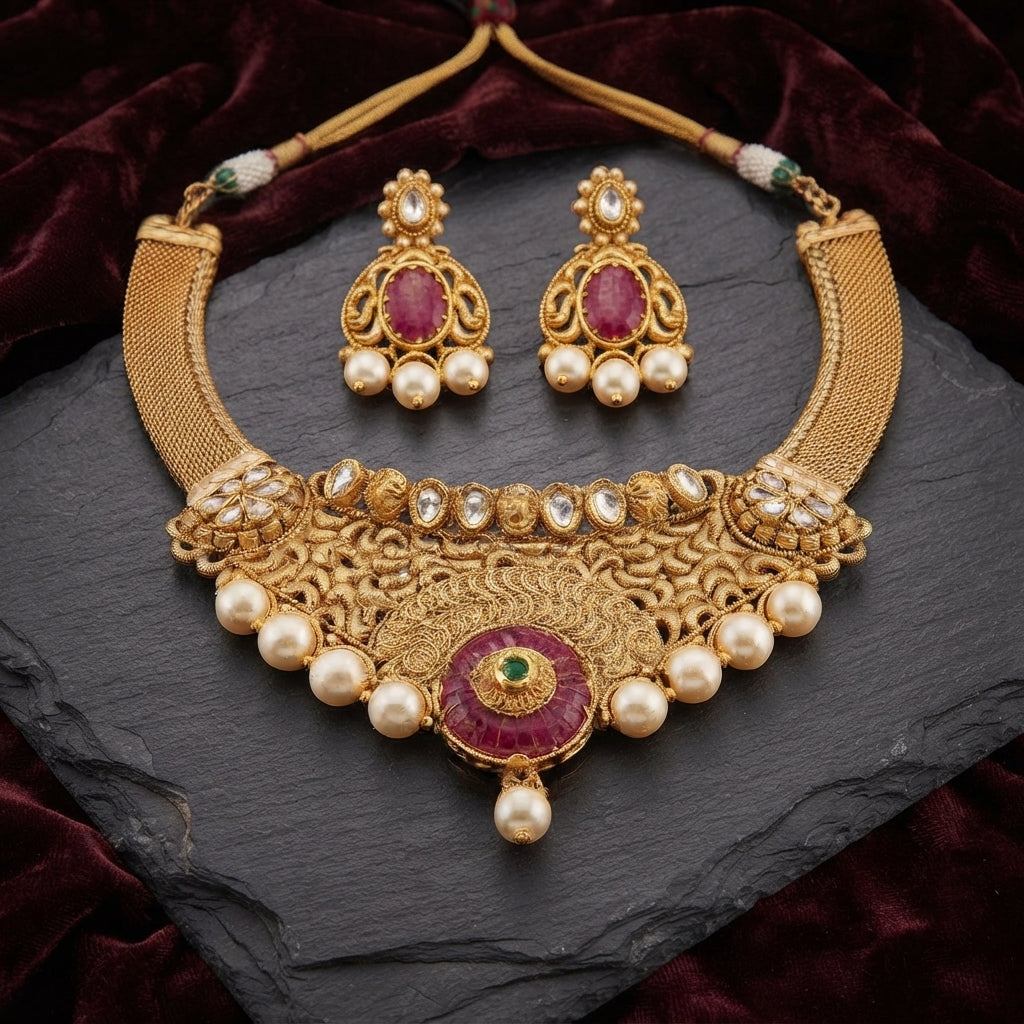 Antique Gold Ruby Pearl Mughal Filigree Bridal Choker Necklace Earrings Set on dark slate stone surface with burgundy velvet fabric backdrop showing wide mesh jali antique gold bib choker with dense filigree arabesque scroll work top row of oval polki uncut CZ stones large ruby garnet cabochon centre pendant with emerald centre faux pearl drop and cascading round faux pearl drops along base with matching gold filigree chandbali earrings featuring oval ruby CZ cabochon and four faux pearl drops