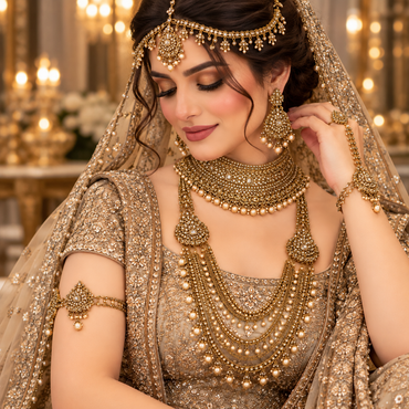 Model wearing antique-look gold-tone bridal jewellery with choker, layered necklace, earrings, forehead jewellery, hand jewellery and armlet with cream pearl-style drops.