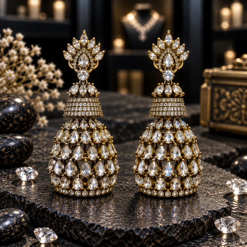 Pair of antique gold-tone tiered jhumka earrings with clear crown-like tops, sparkling upper bells and rounded domes covered in clear teardrop accents.