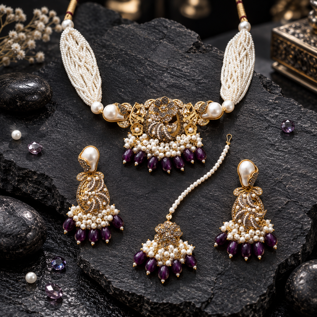 Antique-style gold-tone necklace with twisted cream-white pearl-look strands, a floral scroll centre and purple drop fringe, with matching earrings and bindia.