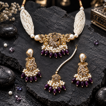 Antique-style gold-tone necklace with twisted cream-white pearl-look strands, a floral scroll centre and purple drop fringe, with matching earrings and bindia.
