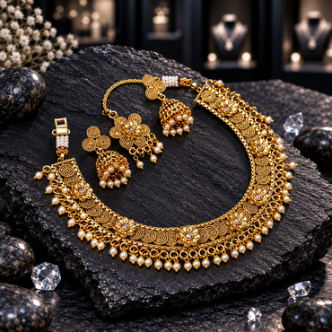 Antique-style gold-tone spiral and floral necklace with cream pearl-look fringe, matching openwork jhumka earrings and a floral chain bindia.