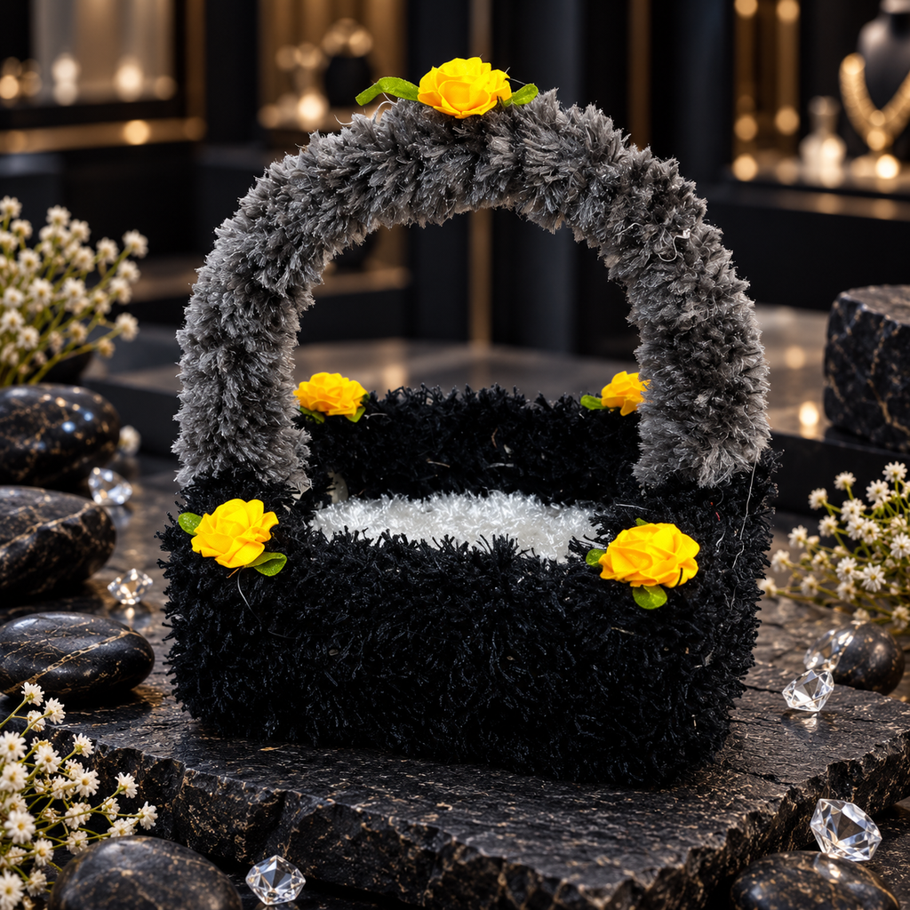 Front view of a black textured basket with yellow rose-style decorations around the rim and on its grey arch handle.