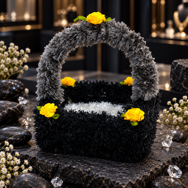 Front view of a black textured basket with yellow rose-style decorations around the rim and on its grey arch handle.