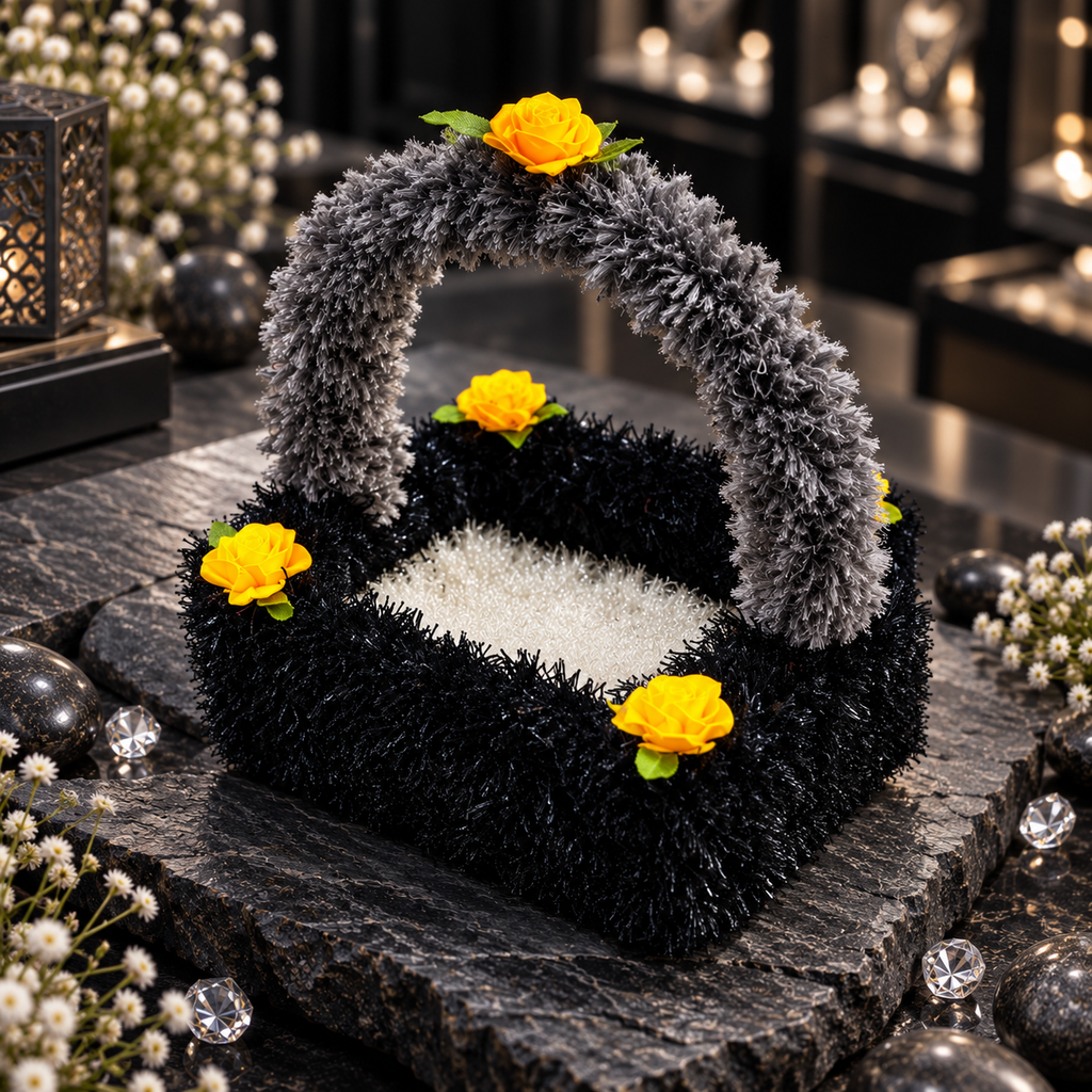 Angled view of a black textured decorative basket with a grey arch handle, white interior base and yellow rose-style flowers with green leaves.
