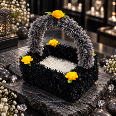 Angled view of a black textured decorative basket with a grey arch handle, white interior base and yellow rose-style flowers with green leaves.