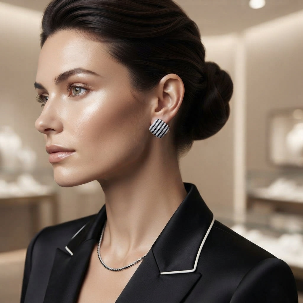 Model wearing rounded-square black and clear-looking striped stud earrings with a silver-tone appearance.