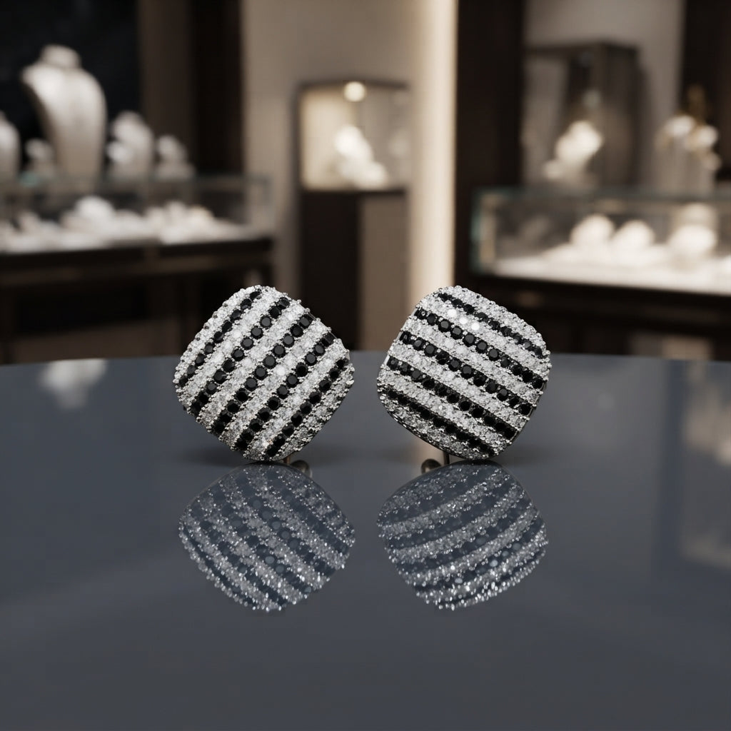 Pair of rounded-square stud earrings with alternating black and clear-looking rows and a silver-tone appearance.