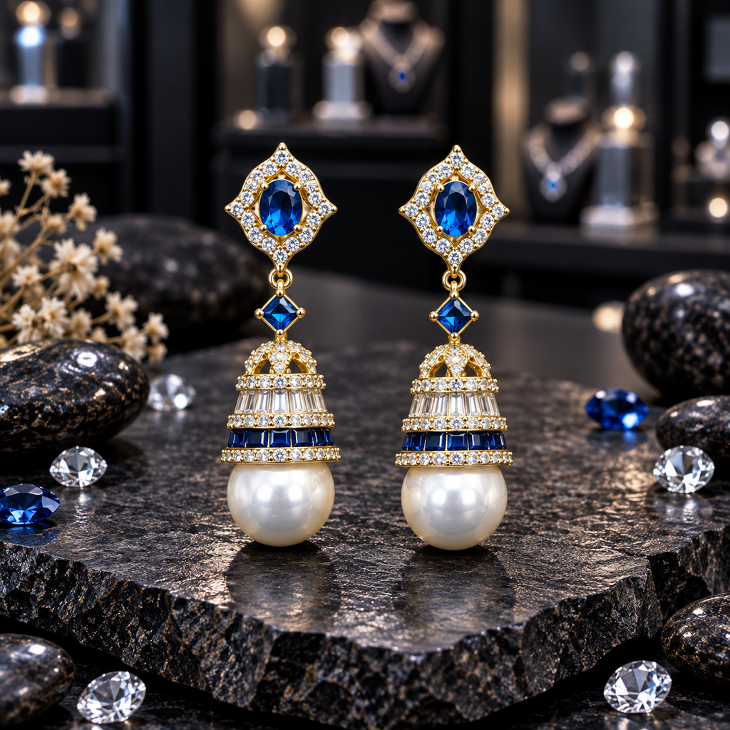 Pair of gold-tone jhumka earrings with blue oval accents, clear sparkling details and large white pearl-look drops.