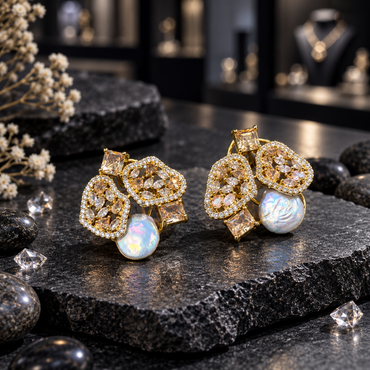 Pair of gold-tone cluster earrings with pink accents, sparkling openwork panels, rectangular details and white iridescent pearl-look centres.