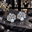 Pair of gold-tone cluster earrings with champagne-coloured accents, sparkling openwork panels and white iridescent pearl-look centres.