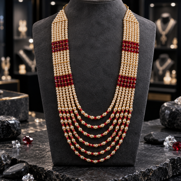 Cream pearl-look and red bead mala displayed on a dark bust, showing parallel beaded sides and cascading graduated front strands.