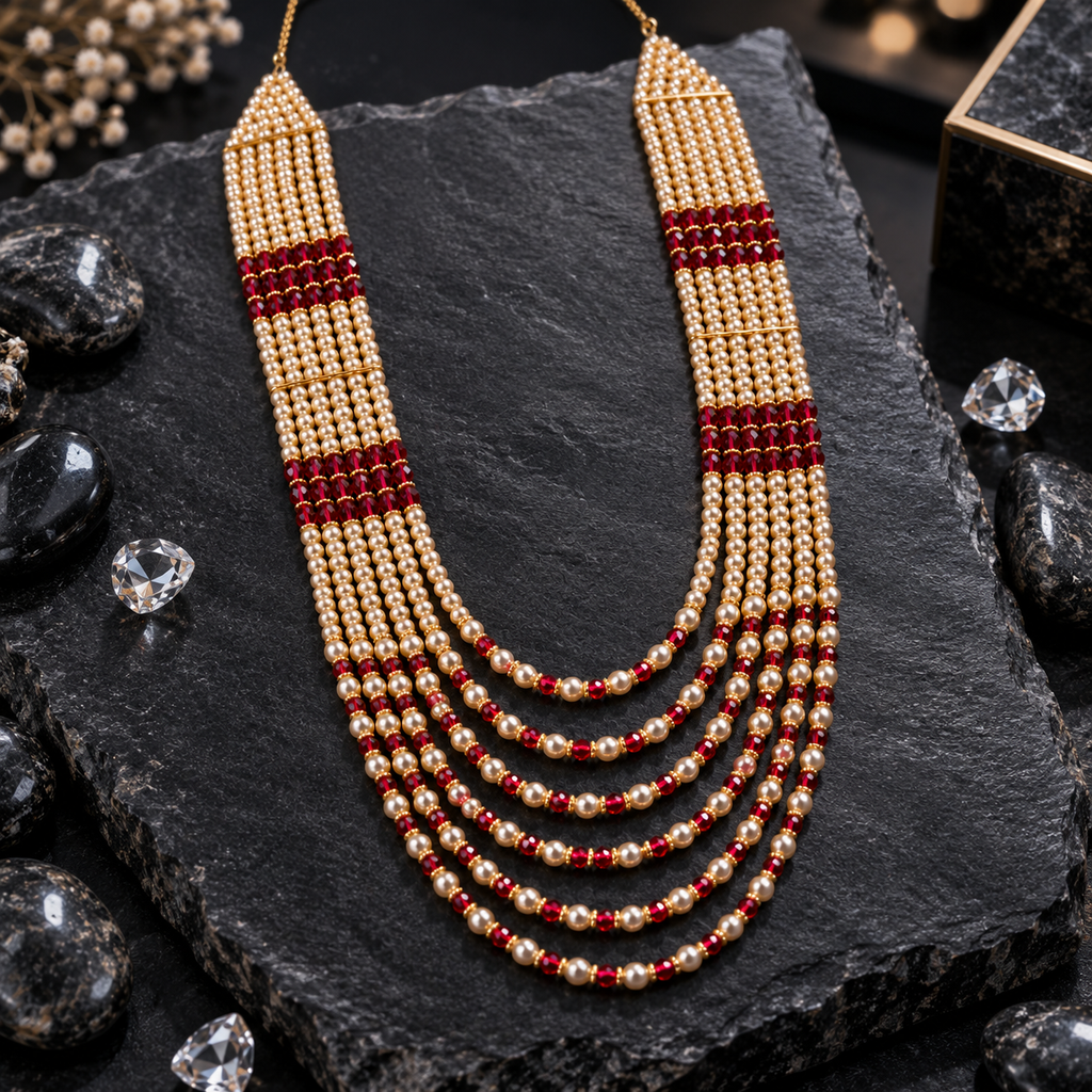 Layered mala laid flat with cream pearl-look bead strands, red bead sections, gold-tone separator bars and graduated cream-and-red front loops.