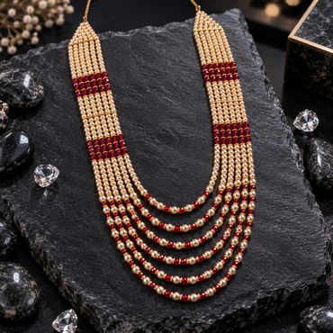 Layered mala laid flat with cream pearl-look bead strands, red bead sections, gold-tone separator bars and graduated cream-and-red front loops.