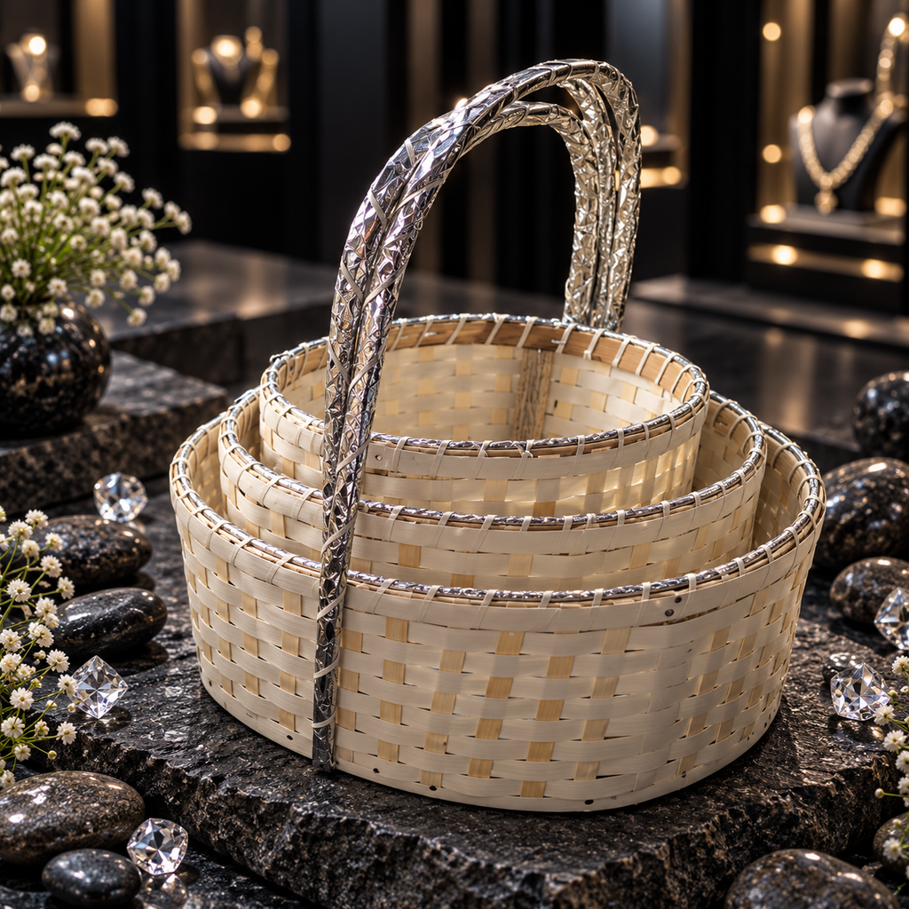Three graduated cream-coloured round woven bucket baskets nested together, with reflective silver-tone rims and tall textured silver-tone arch handles.