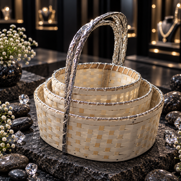 Three graduated cream-coloured round woven bucket baskets nested together, with reflective silver-tone rims and tall textured silver-tone arch handles.
