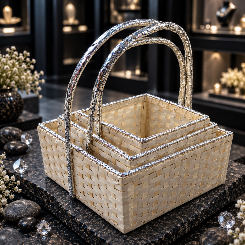 Three graduated cream-coloured woven rectangular baskets nested together, with reflective silver-tone rims and tall matching arch handles.