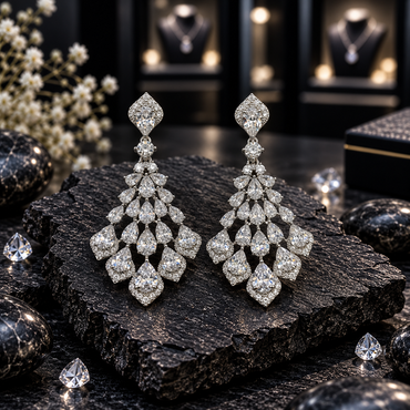 Pair of silver-tone chandelier earrings with cascading clear teardrop accents and sparkling borders.