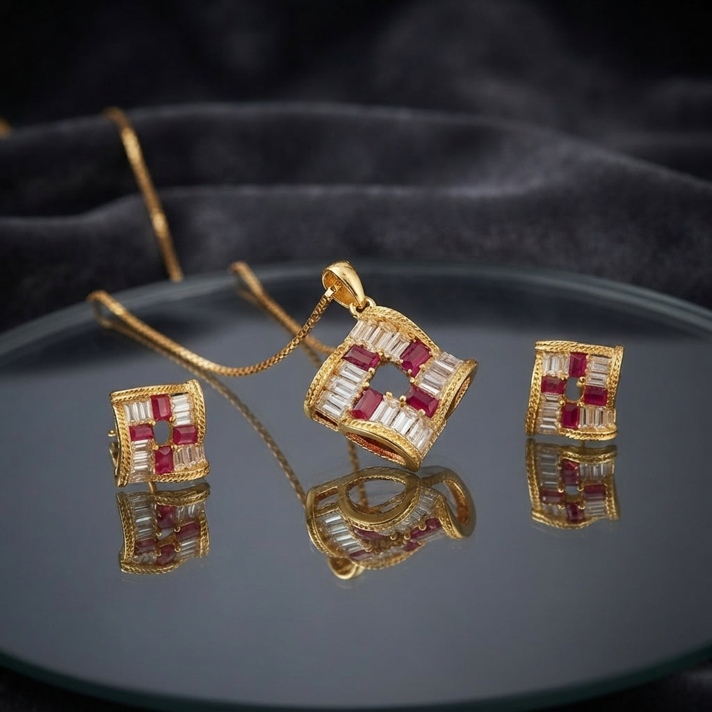 CZ Baguette Cross Concave Square Pendant Necklace and Earrings Set in Gold Black — 22K gold concave square pendant and stud earrings with jet black princess-cut CZ cross and white baguette CZ fill on burgundy velvet backdrop