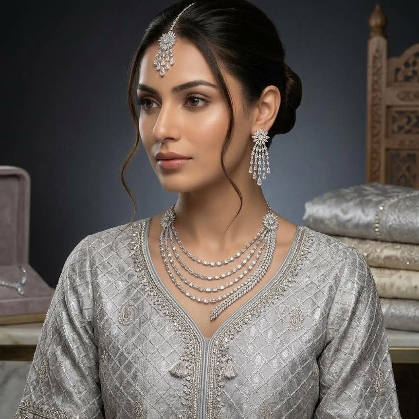 CZ Bridal Multi-Layer Drape Necklace Set with Starburst Brooch in Silver model wear editorial showing South Asian bride wearing 4-strand draped CZ necklace with starburst shoulder brooch matching starburst tassel earrings and maang tikka with rhodium silver finish on grey embroidered outfit