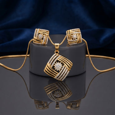 CZ Woven Basket Weave Square Pendant Necklace and Stud Earrings Set in silver-tone flat lay on grey mirror surface with navy blue velvet backdrop showing 2-piece set with tilted square woven basket weave pendant with white CZ micro-pavé border and CZ starburst center and matching square stud earrings with mirror reflection