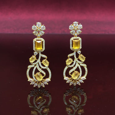 Elegant Floral Gold-Plated Drop Earrings with Yellow Gemstones