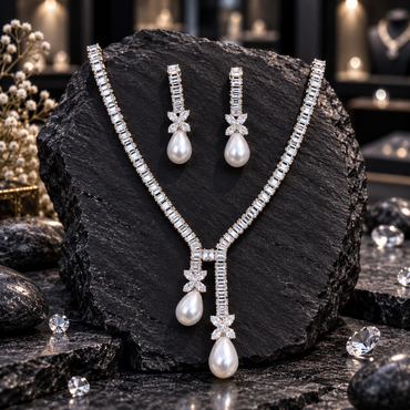 Asymmetric necklace with rectangular clear accents, two unequal-length pearl-look drops and matching four-petal drop earrings.