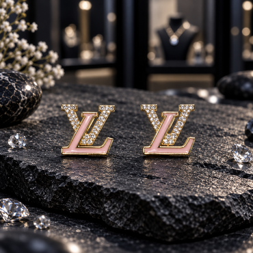 Pair of gold-tone interlocking LV-letter earrings with smooth pink L-shaped details and clear sparkling V-shaped sections.