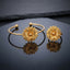 Gold 3D Lotus Dahlia Flower Open Cuff Bangle and Ring Matching Jewelry Set on dark grey slate surface with charcoal backdrop showing 22K warm matte yellow gold-tone open cuff wire bangle lying flat with matching open adjustable ring standing beside it both featuring 3D sculptural multi-layered lotus dahlia flowers with engraved spine petals and raised polished dome centres with mirror reflections below