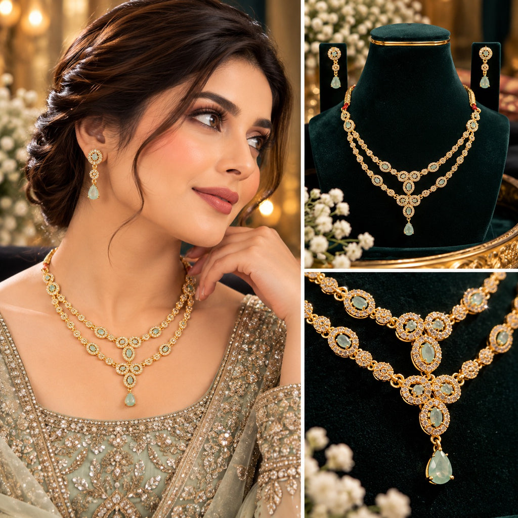 Gold AD Double-Layer Mint CZ Teardrop Necklace & Drop Earrings Set on model