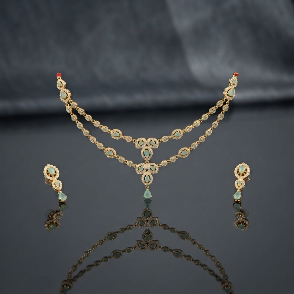 Gold AD Double-Layer Mint CZ Teardrop Necklace & Drop Earrings Set product shot