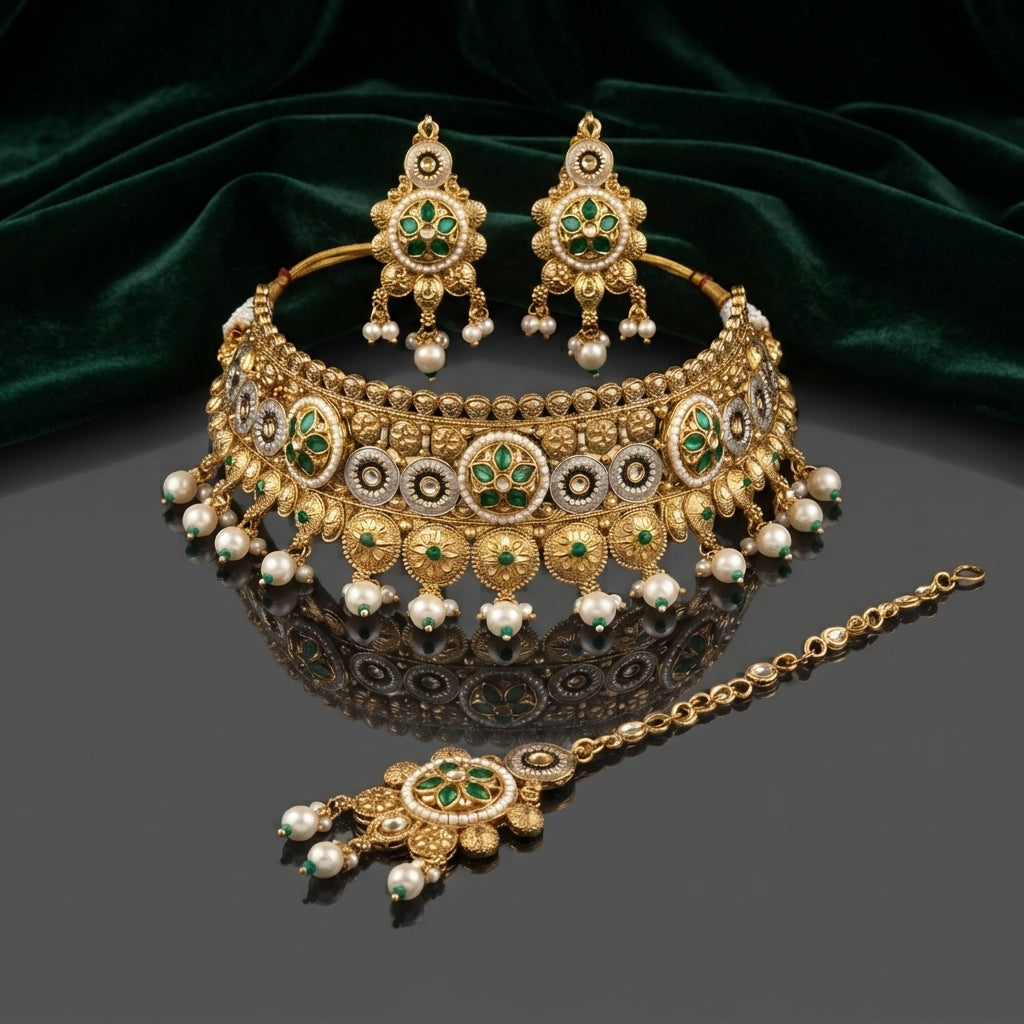 Gold Antique Emerald Green Kundan and Pearl Choker Bridal Set flat lay on dark grey mirror surface with emerald green velvet backdrop showing 3-piece set with wide kundan choker necklace featuring alternating emerald green 4-petal marquise kundan medallions on white enamel base with antique gold filigree fringe and triple pearl drops with matching chandelier earrings and maang tikka with mirror reflection