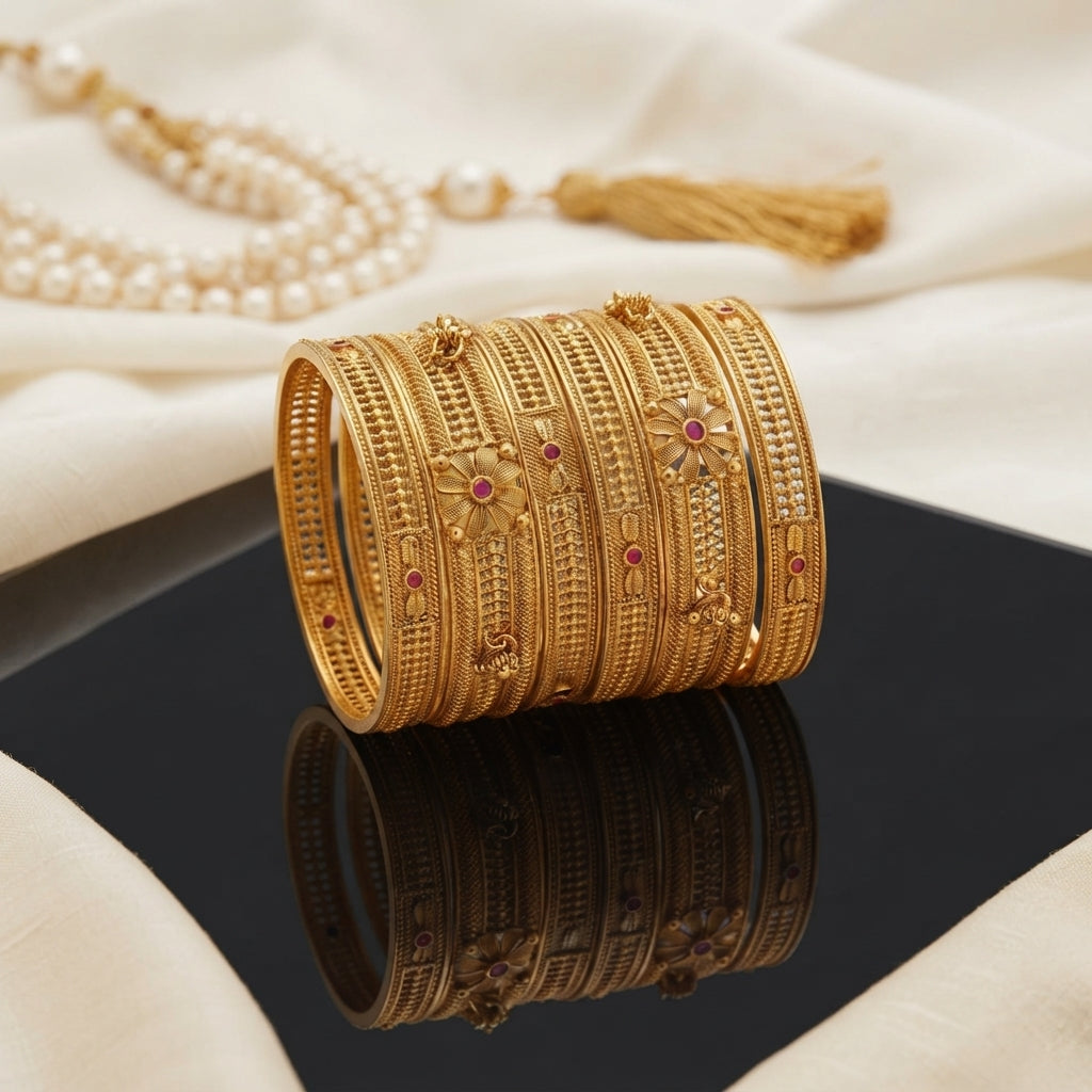 Gold Antique Floral Ruby Peacock Textured Bangles Set of 6 in 22K antique gold-tone plating on dark black mirror surface with ivory cream fabric and pearl tassel necklace backdrop showing six slim rigid bangles stacked together with dense gold granulation texture and 3D sculptural daisy sunflower motifs with ruby red cabochon centres and peacock relief accents with mirror reflection below