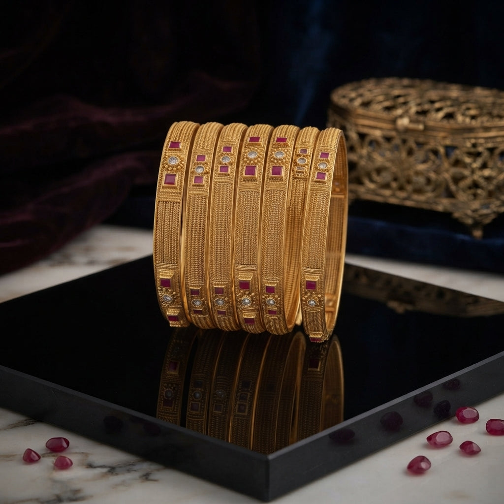 Gold Antique Square Ruby Polki Granulation Bangles Set of 6 in 22K antique gold-tone plating on dark black mirror tray surface with navy blue velvet and marble backdrop showing six slim rigid bangles stacked together with dense gold granulation rope texture band and rectangular panel motifs featuring square ruby red cabochons and clear polki round stones with loose ruby gemstones scattered around and gold filigree box behind and mirror reflection below
