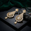 Gold-Tone Baguette Sunburst Fan & Oval CZ Pavé Halo Openwork Chandelier Long Drop Bridal Earrings on black mirror surface with dark green marble stone and emerald green silk fabric backdrop